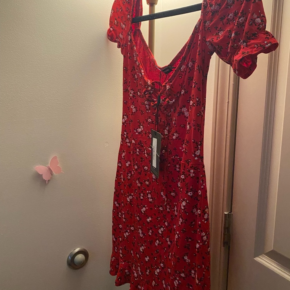 Red Ditsy floral frill body on dress